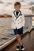 Load image into Gallery viewer, Boys White Navy Trim Double Breasted Blazer & Navy Shorts 2-piece Suit
