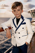 Load image into Gallery viewer, Boys White Navy Trim Double Breasted Blazer & Navy Shorts 2-piece Suit
