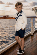 Load image into Gallery viewer, Boys White Navy Trim Double Breasted Blazer & Navy Shorts 2-piece Suit
