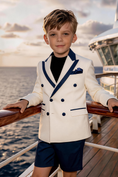 Load image into Gallery viewer, Boys White Navy Trim Double Breasted Blazer & Navy Shorts 2-piece Suit
