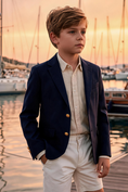 Load image into Gallery viewer, Boys Navy Notch Lapel Blazer & White Tailored Shorts 2-piece Suit
