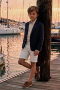Load image into Gallery viewer, Boys Navy Notch Lapel Blazer & White Tailored Shorts 2-piece Suit
