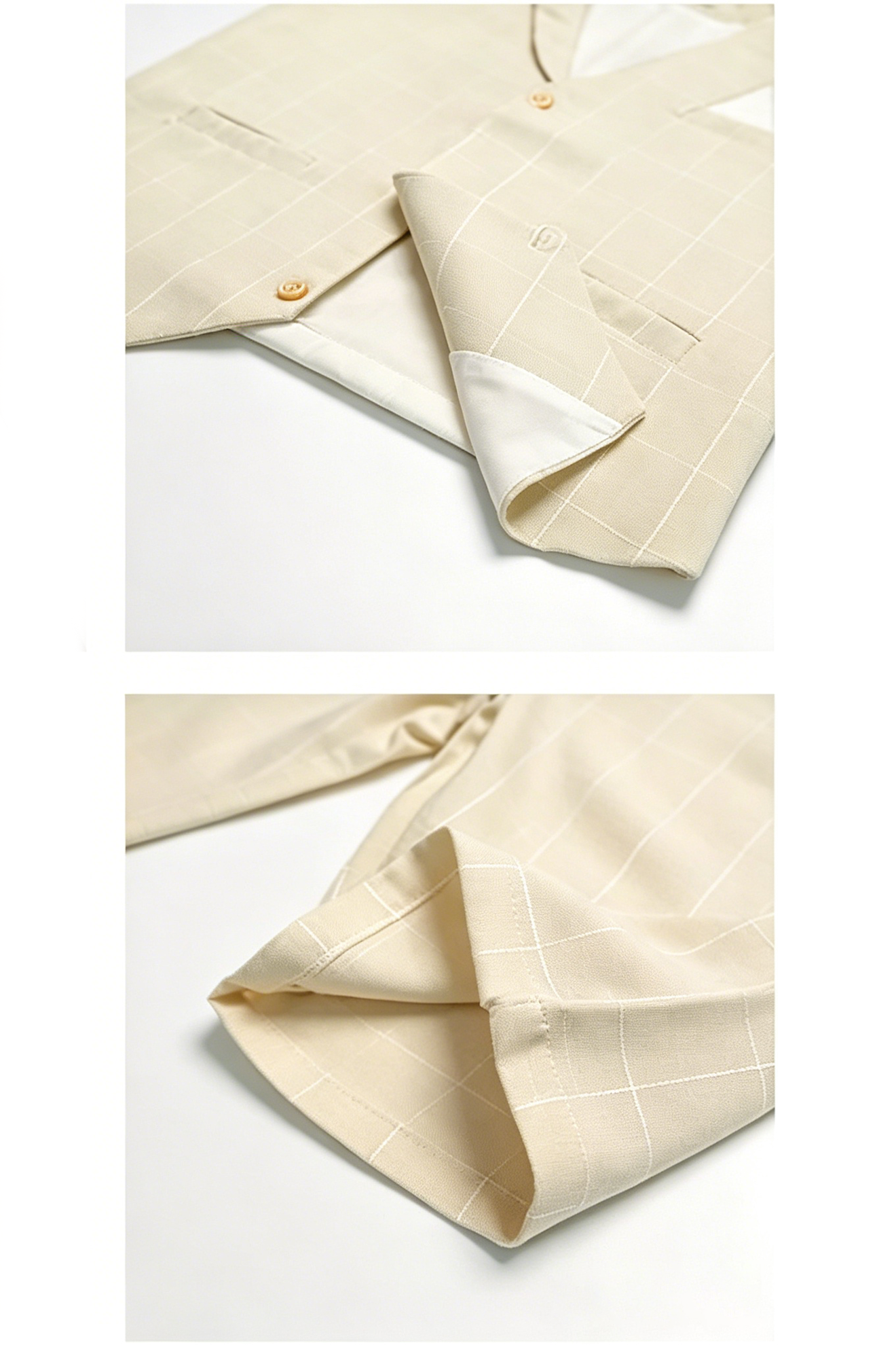 Beige Plaid Serge-Blend Single-Breasted Waistcoat & Shorts 4-Piece Set