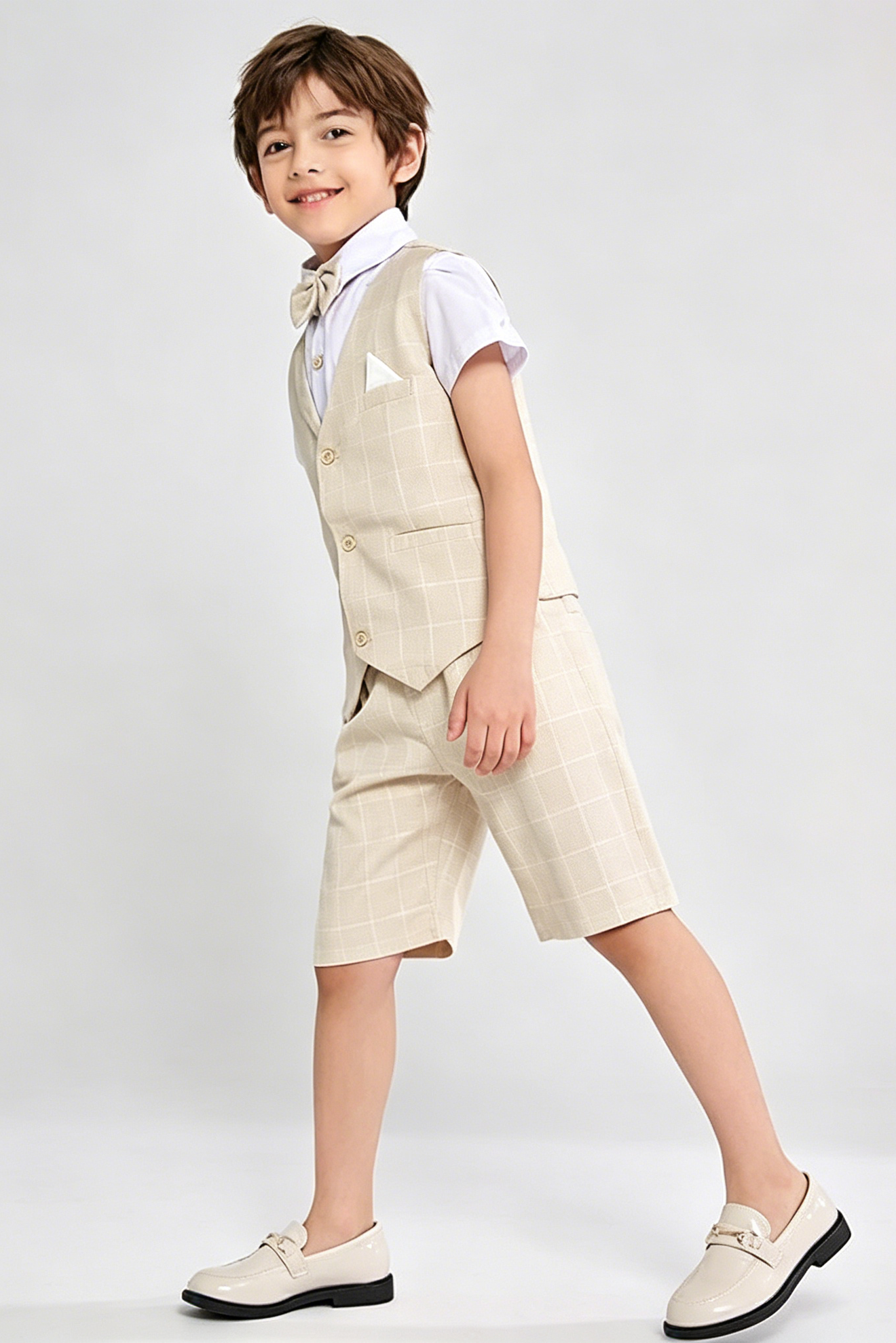 Beige Plaid Serge-Blend Single-Breasted Waistcoat & Shorts 4-Piece Set