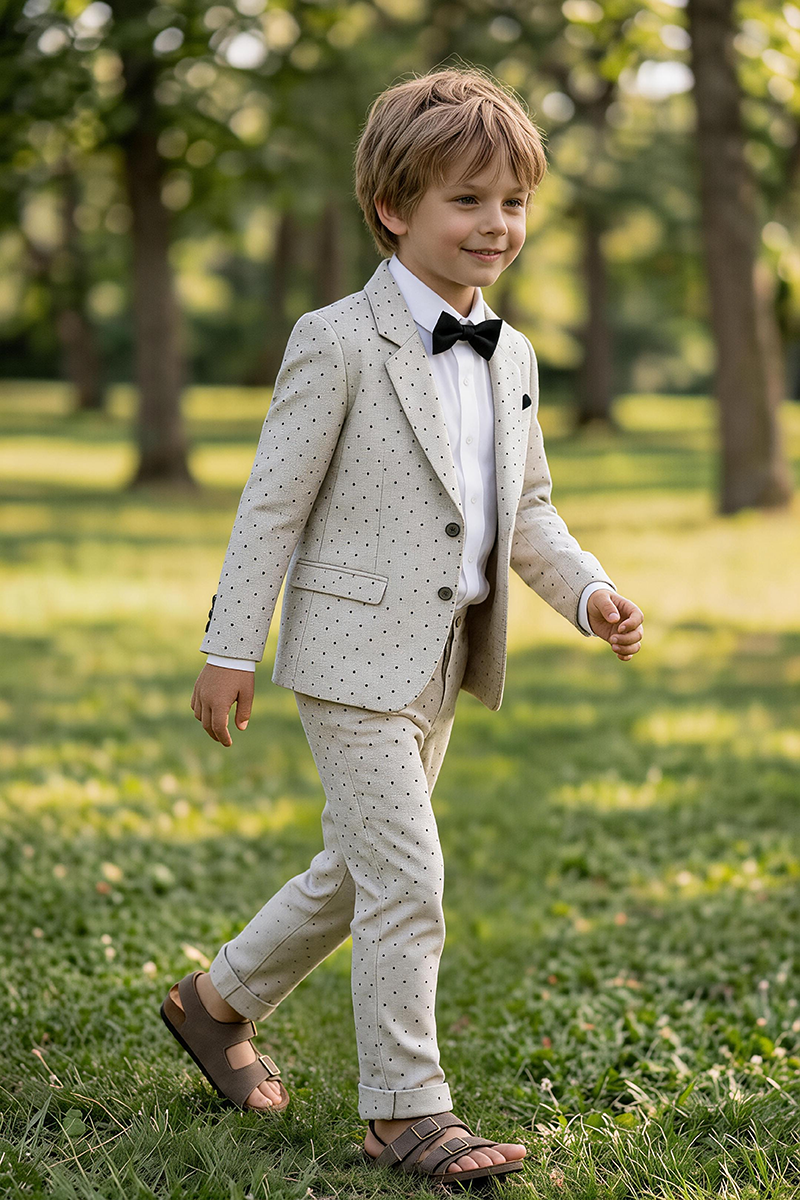 Boys Beige Polka Dot Notch Lapel Blazer & Trousers 2-Piece Suit