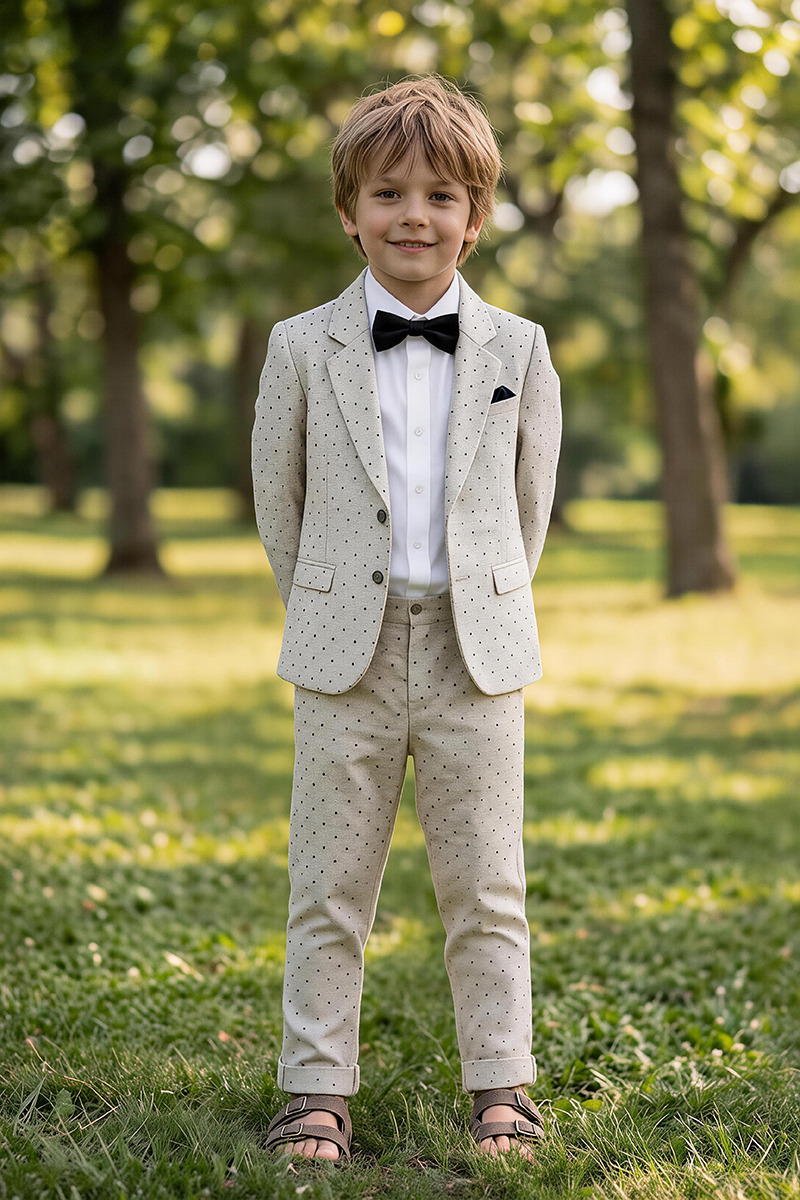 Boys Beige Polka Dot Notch Lapel Blazer & Trousers 2-Piece Suit