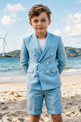 Bild in Galerie-Betrachter laden, Boys Sky Blue Linen Double Breasted Blazer & Shorts 2-piece Suit
