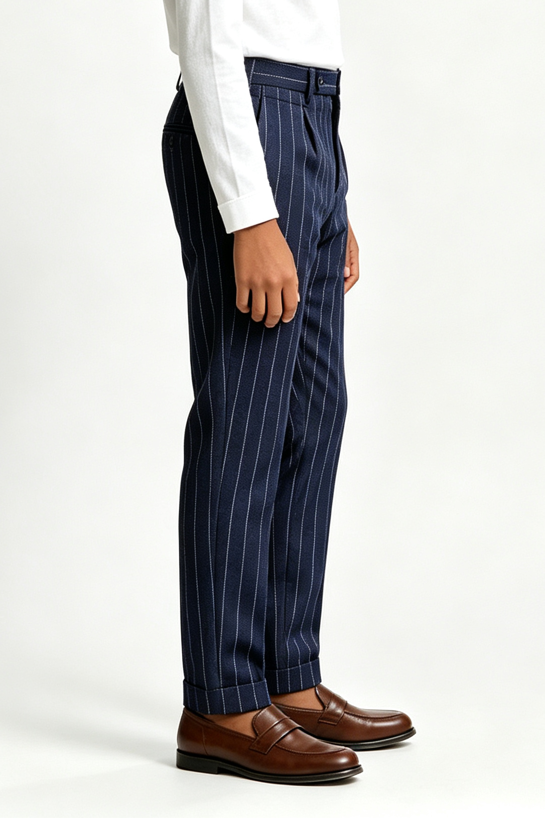 Boys Navy White Pinstripe Blend Serge Straight Leg Formal Suit Trousers