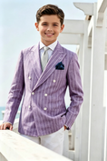 Load image into Gallery viewer, Boys Light Purple Pinstripe Cotton Linen Blend Double Breasted Formal Suit Blazer
