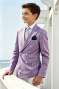 Load image into Gallery viewer, Boys Light Purple Pinstripe Cotton Linen Blend Double Breasted Formal Suit Blazer
