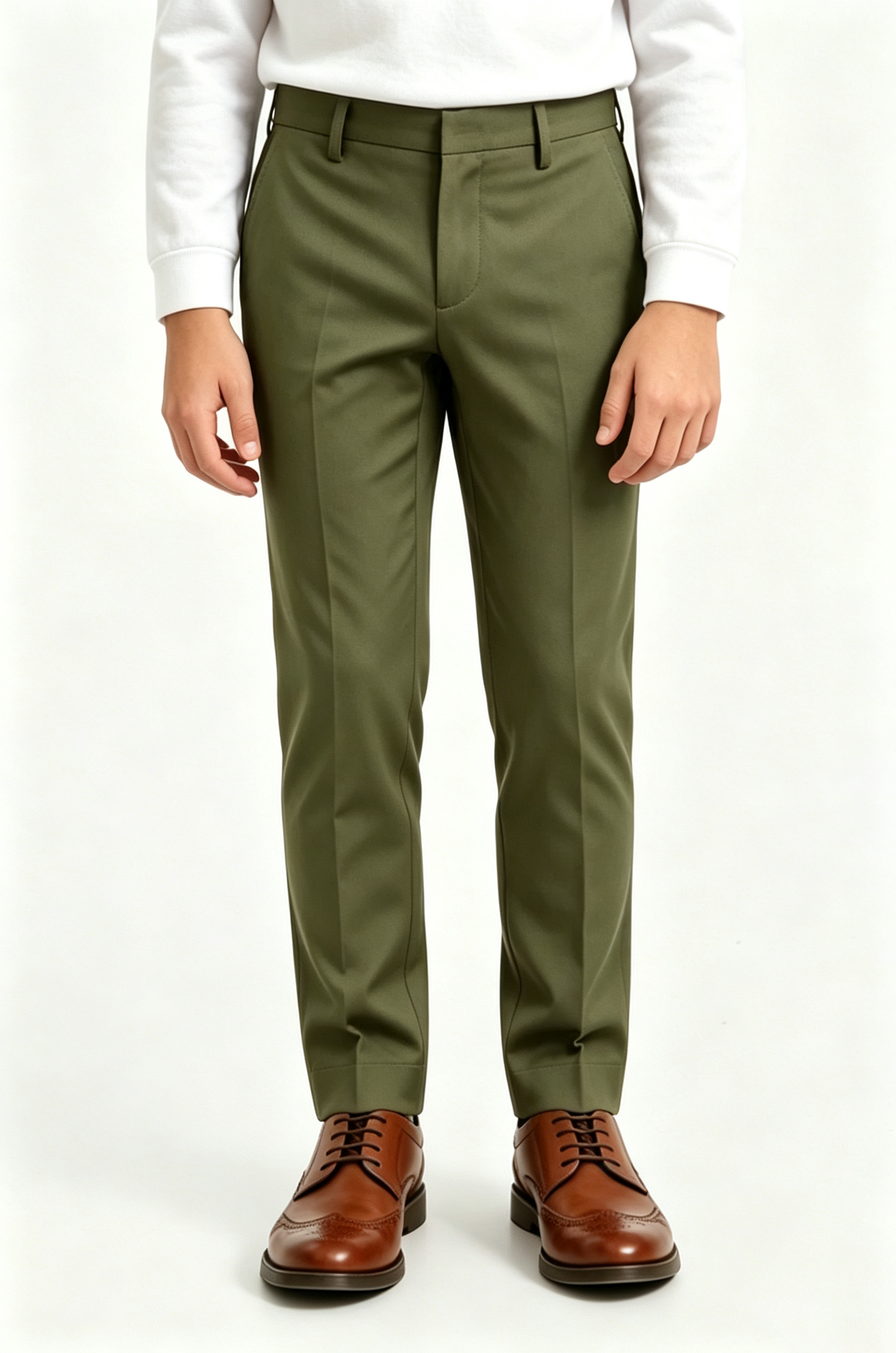 Olive Green Serge Blend Straight Leg Formal Suit Trousers