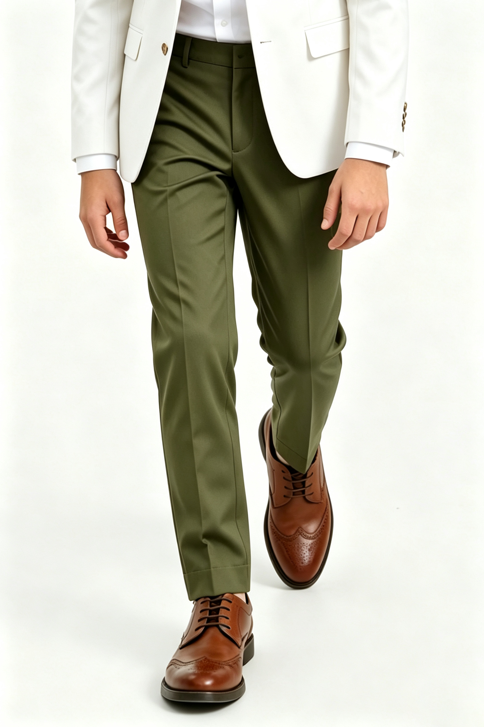 Olive Green Serge Blend Straight Leg Formal Suit Trousers