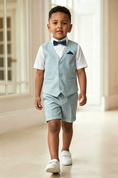 Load image into Gallery viewer, Light Blue Cotton Linen Blend V-Neck Single Breasted Waistcoat 2-Piece Set
