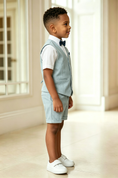 Load image into Gallery viewer, Light Blue Cotton Linen Blend V-Neck Single Breasted Waistcoat 2-Piece Set
