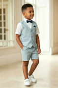 Load image into Gallery viewer, Light Blue Cotton Linen Blend V-Neck Single Breasted Waistcoat 2-Piece Set
