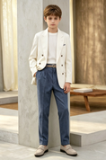 Bild in Galerie-Betrachter laden, Off White & Deep Blue Cotton-Linen Blend Double Breasted Suit 2-Piece Set
