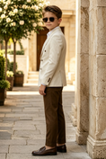 Load image into Gallery viewer, Cream Beige & Dark Brown Cotton-Linen Blend Double-Breasted Suit 2-Piece Set
