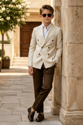 Load image into Gallery viewer, Cream Beige & Dark Brown Cotton-Linen Blend Double-Breasted Suit 2-Piece Set
