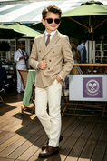 Bild in Galerie-Betrachter laden, Oat Beige & Cream White Cotton-Linen Blend Double Breasted Suit 2-Piece Formal Set
