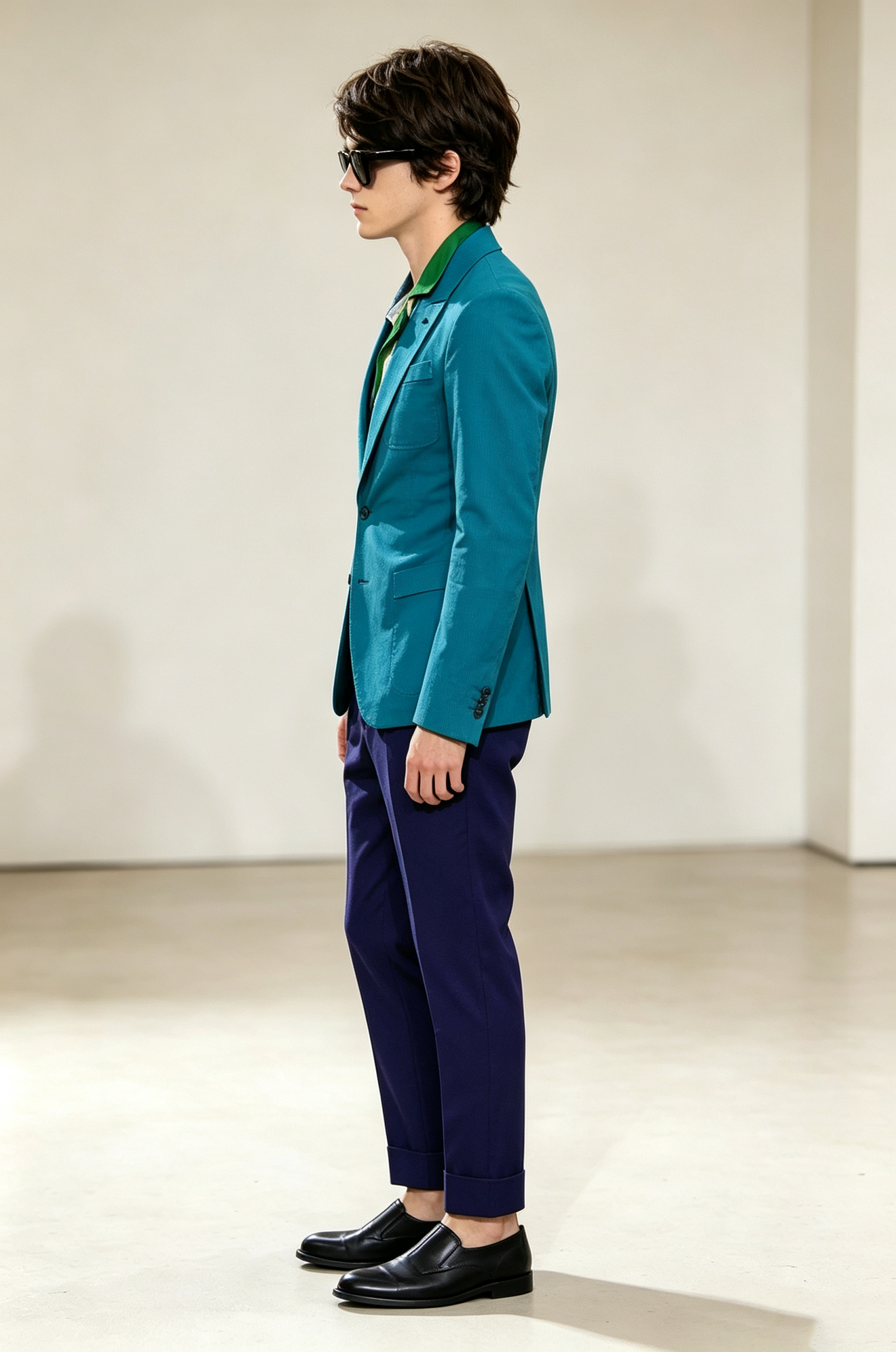 Turquoise & Navy Blue Cotton-Linen Blend Single-Breasted 2-Piece Suit Set