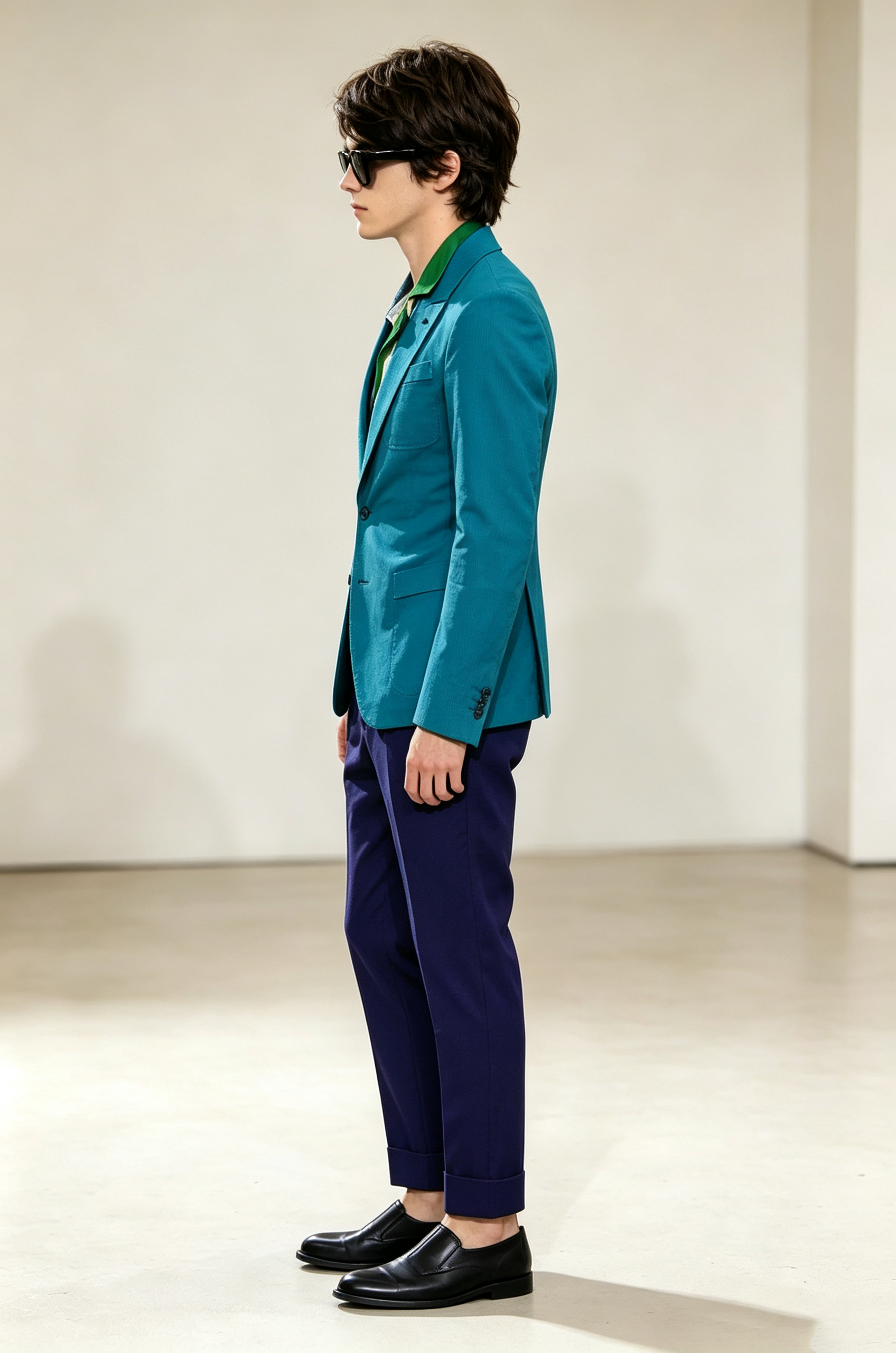 Turquoise & Navy Blue Cotton-Linen Blend Single-Breasted 2-Piece Suit Set