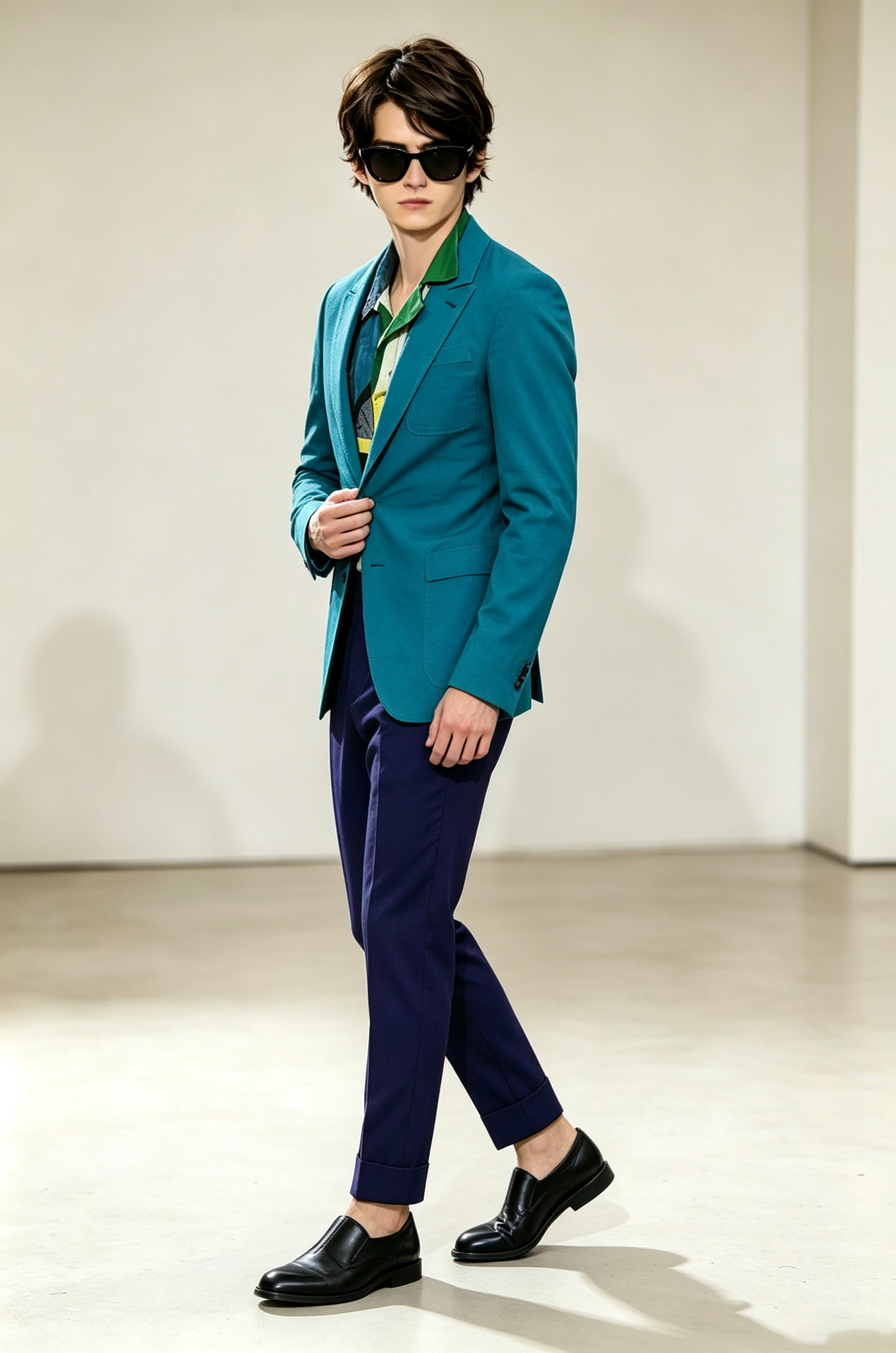Turquoise & Navy Blue Cotton-Linen Blend Single-Breasted 2-Piece Suit Set