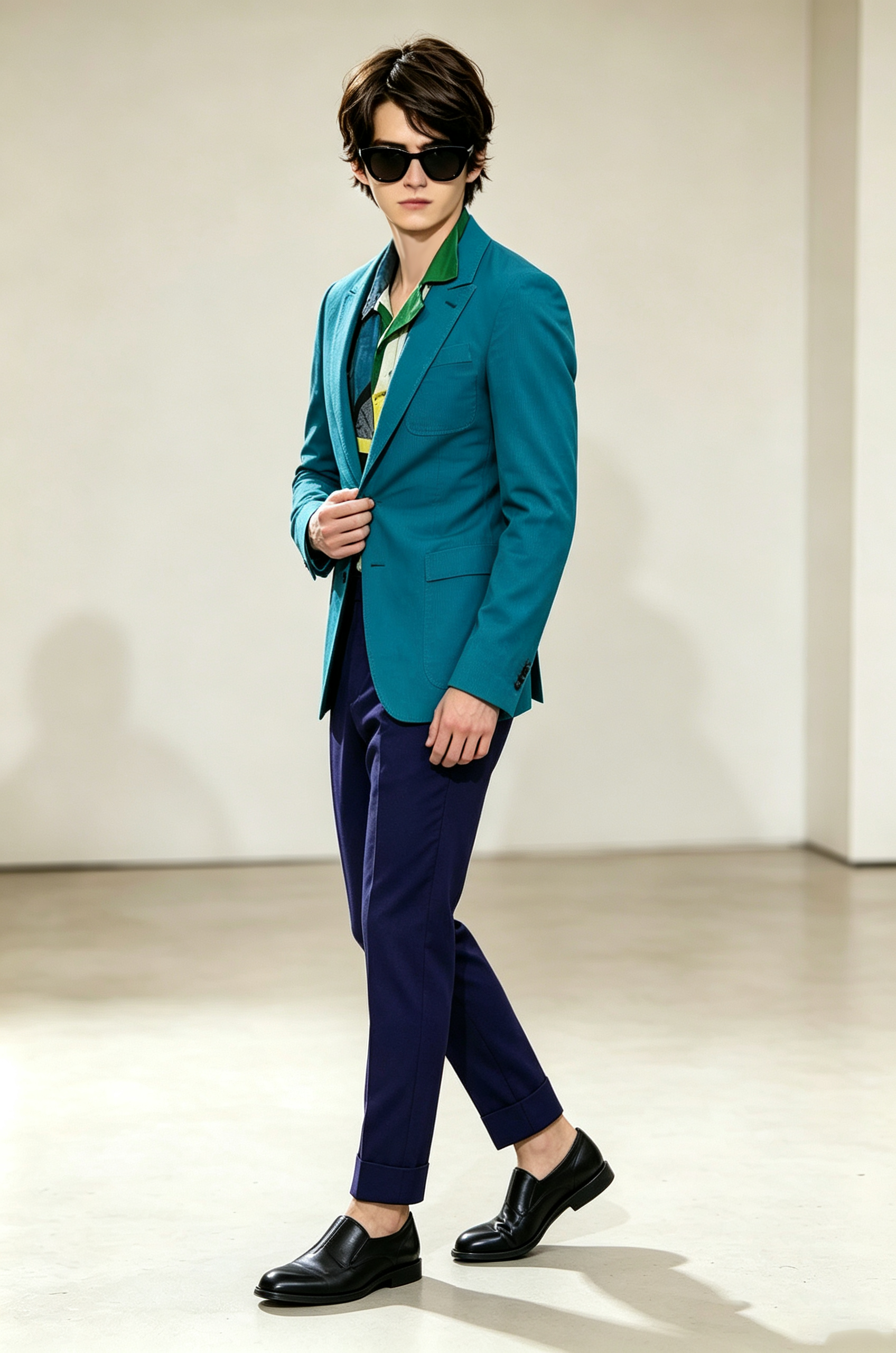 Turquoise & Navy Blue Cotton-Linen Blend Single-Breasted 2-Piece Suit Set