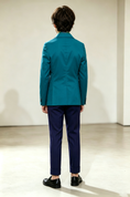Load image into Gallery viewer, Turquoise & Navy Blue Cotton-Linen Blend Single-Breasted 2-Piece Suit Set
