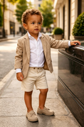 Bild in Galerie-Betrachter laden, Khaki & Cream Cuffed Shorts Cotton Linen Blend  Single-Breasted Suit 2-Piece Set
