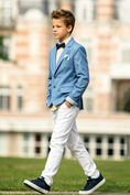 Bild in Galerie-Betrachter laden, Sky Blue & White Cotton-Linen Blend Single-Breasted 2 Piece Suit Set
