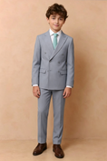 Gallery viewerに画像を読み込む, Dusty Blue Cotton-Linen Blend Double Breasted 2-Piece Formal Suit Set
