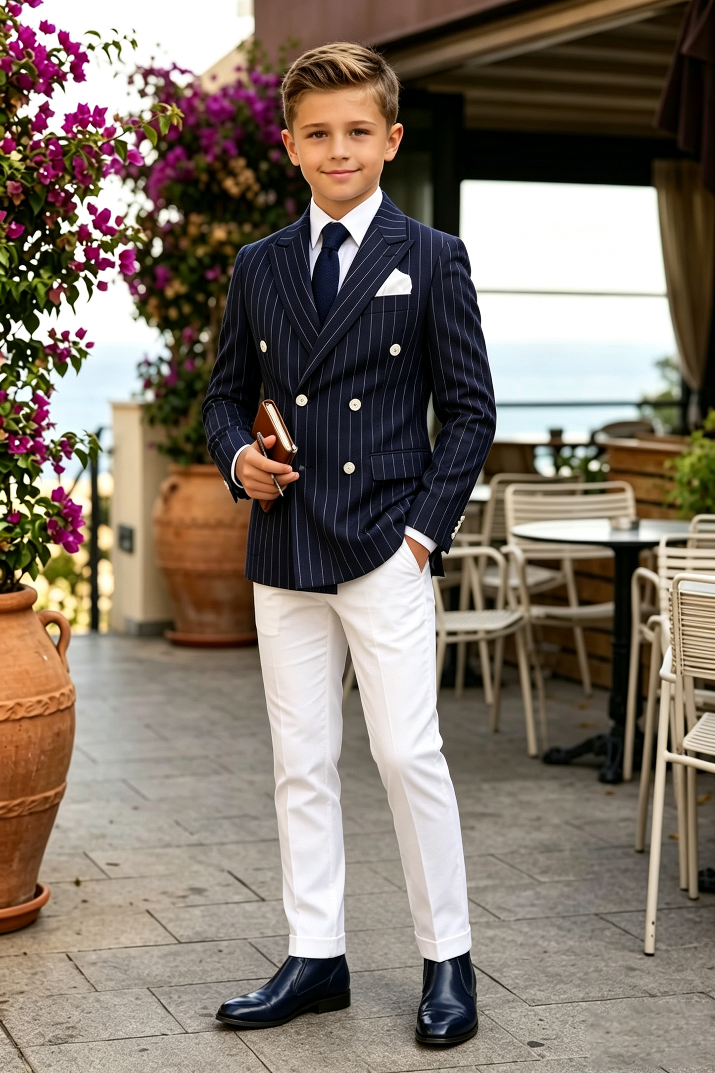 Navy & White Pinstripe Serge Blend Double Breasted 2-Piece Formal Suit