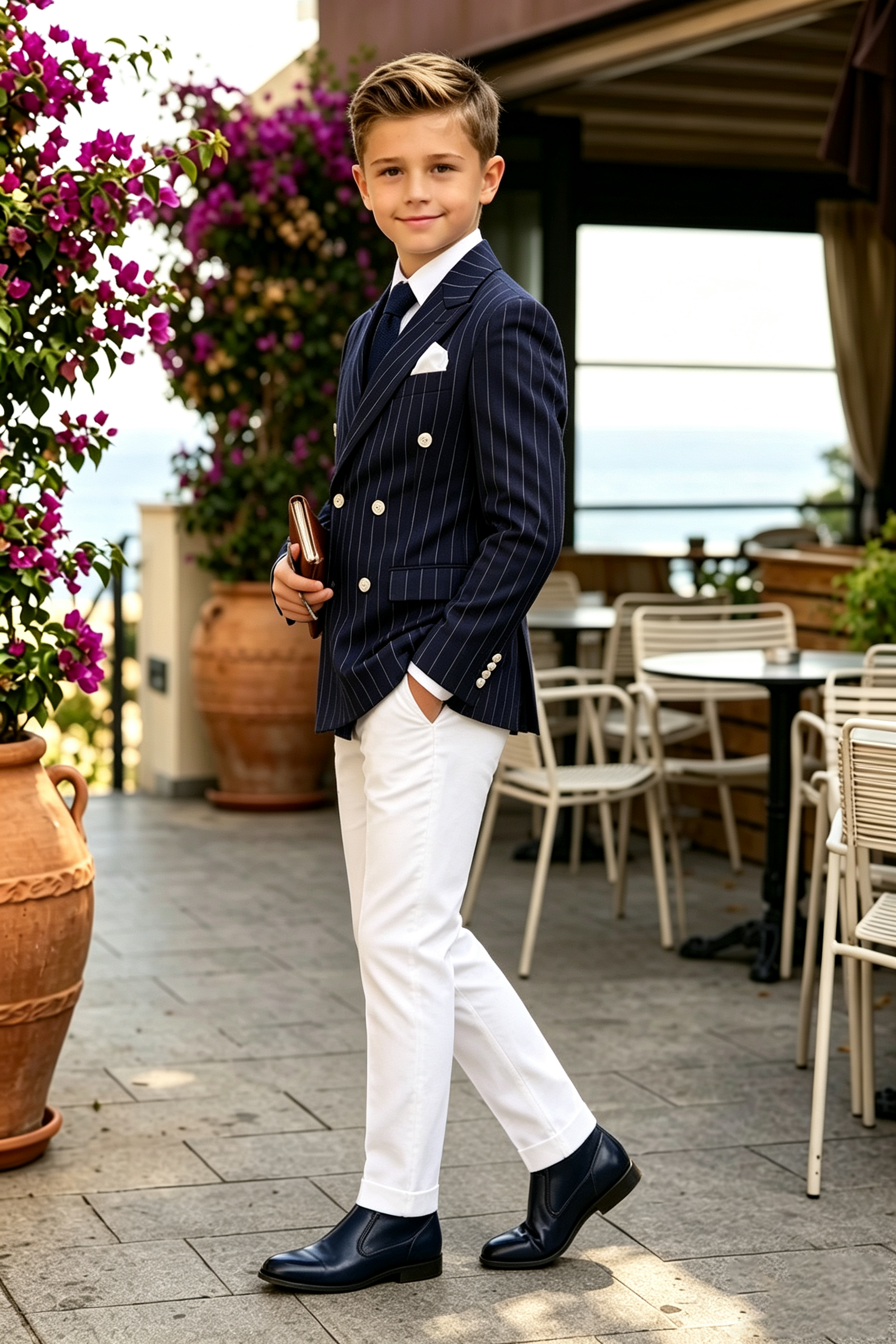Navy & White Pinstripe Serge Blend Double Breasted 2-Piece Formal Suit