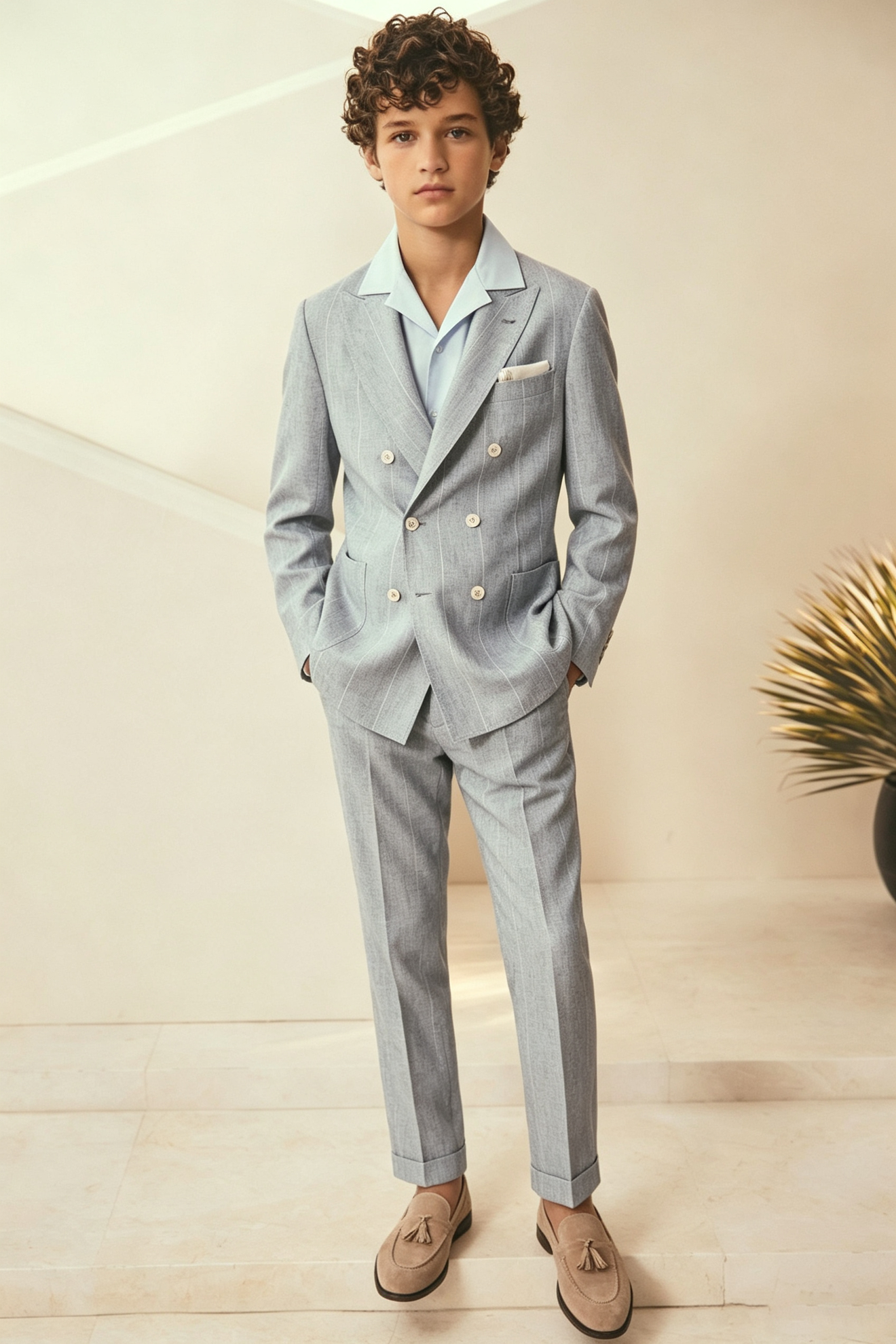 Light Grey Pinstripe Cotton Linen Blend Double Breasted 2-Piece Set