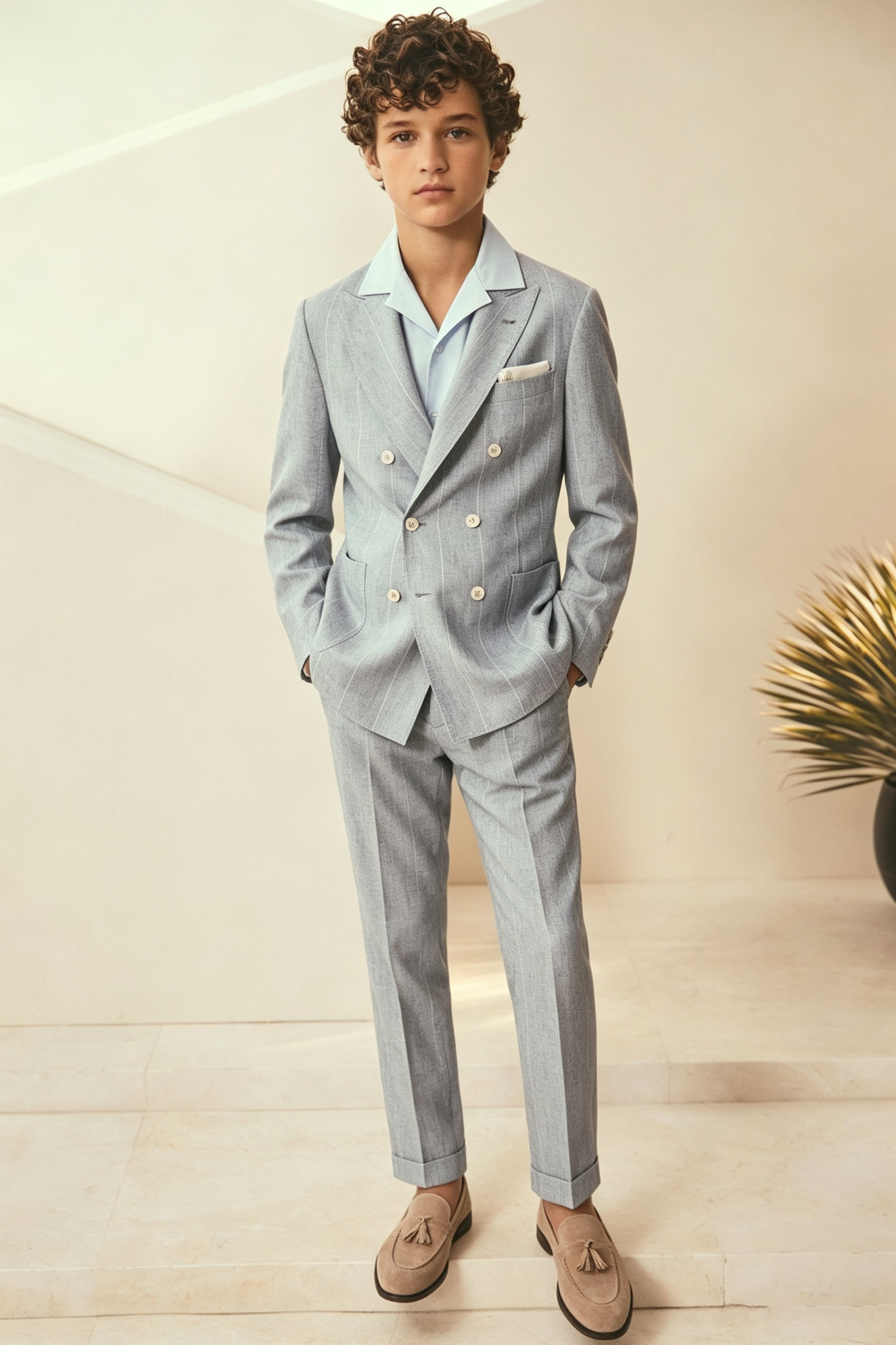 Light Grey Pinstripe Cotton Linen Blend Double Breasted 2-Piece Set