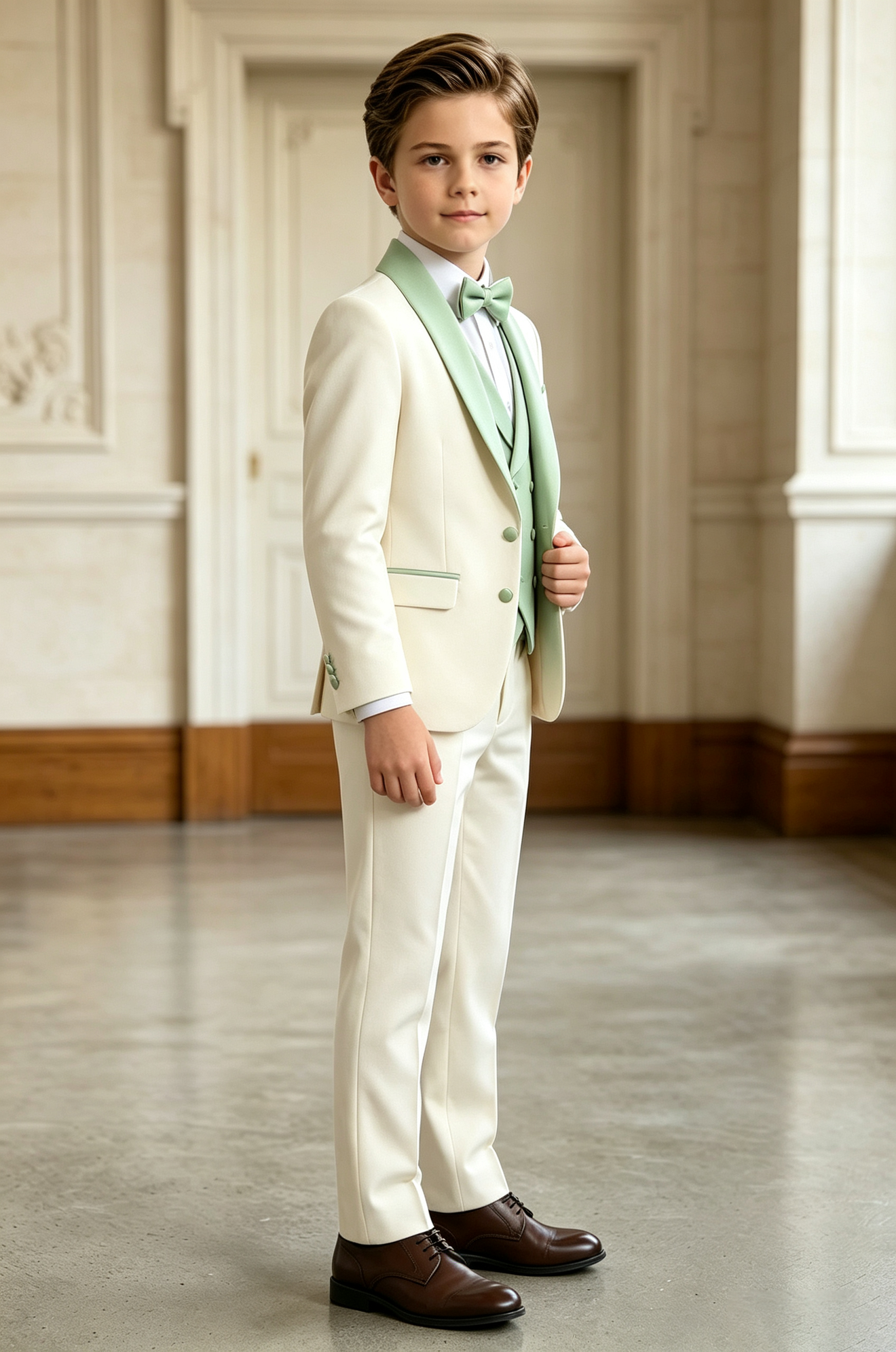 Cream & Sage Green Serge Blend Single Breasted 3-Piece Formal Suit