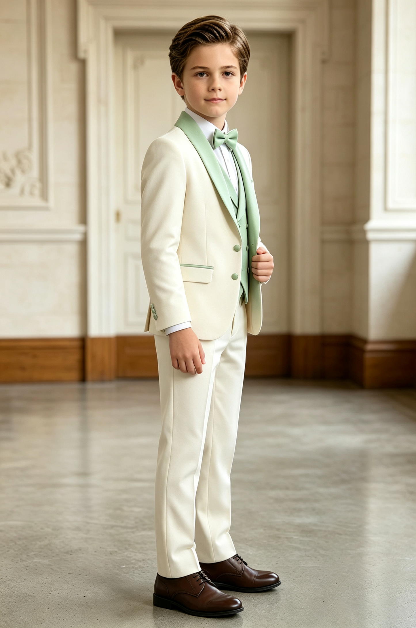 Cream & Sage Green Serge Blend Single Breasted 3-Piece Formal Suit