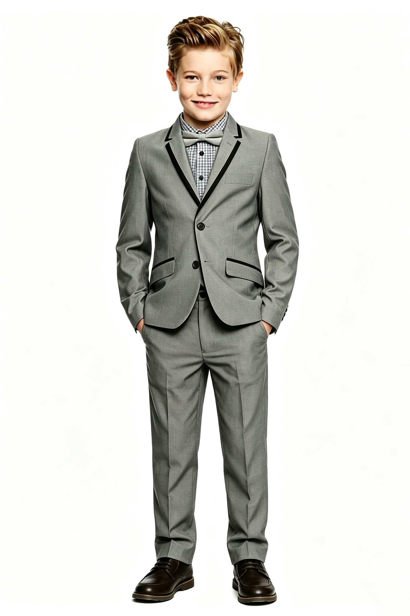 Dark Grey Cotton Linen-Blend Black Piping Trim Suit 2-Piece Set