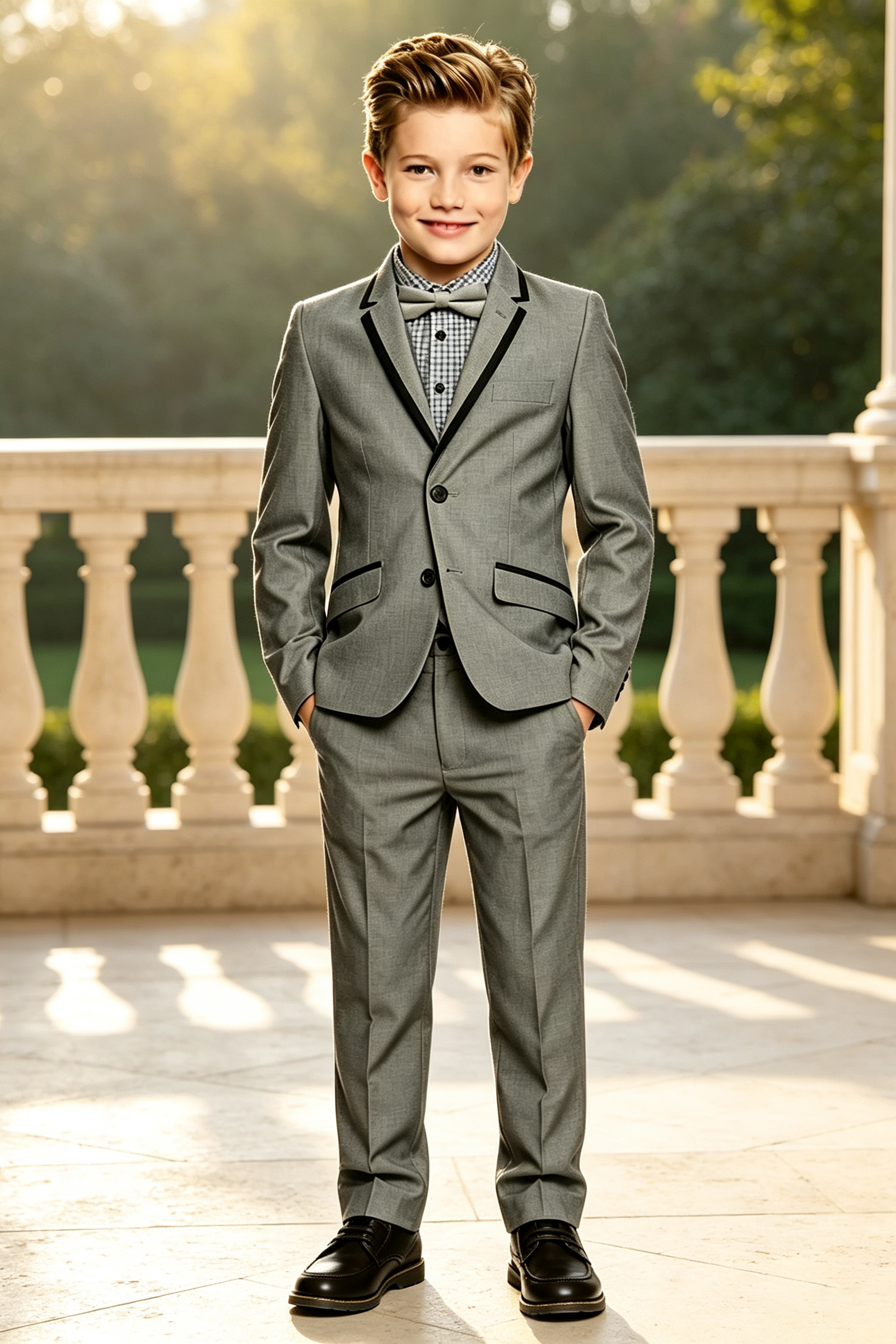 Dark Grey Cotton Linen-Blend Black Piping Trim Suit 2-Piece Set
