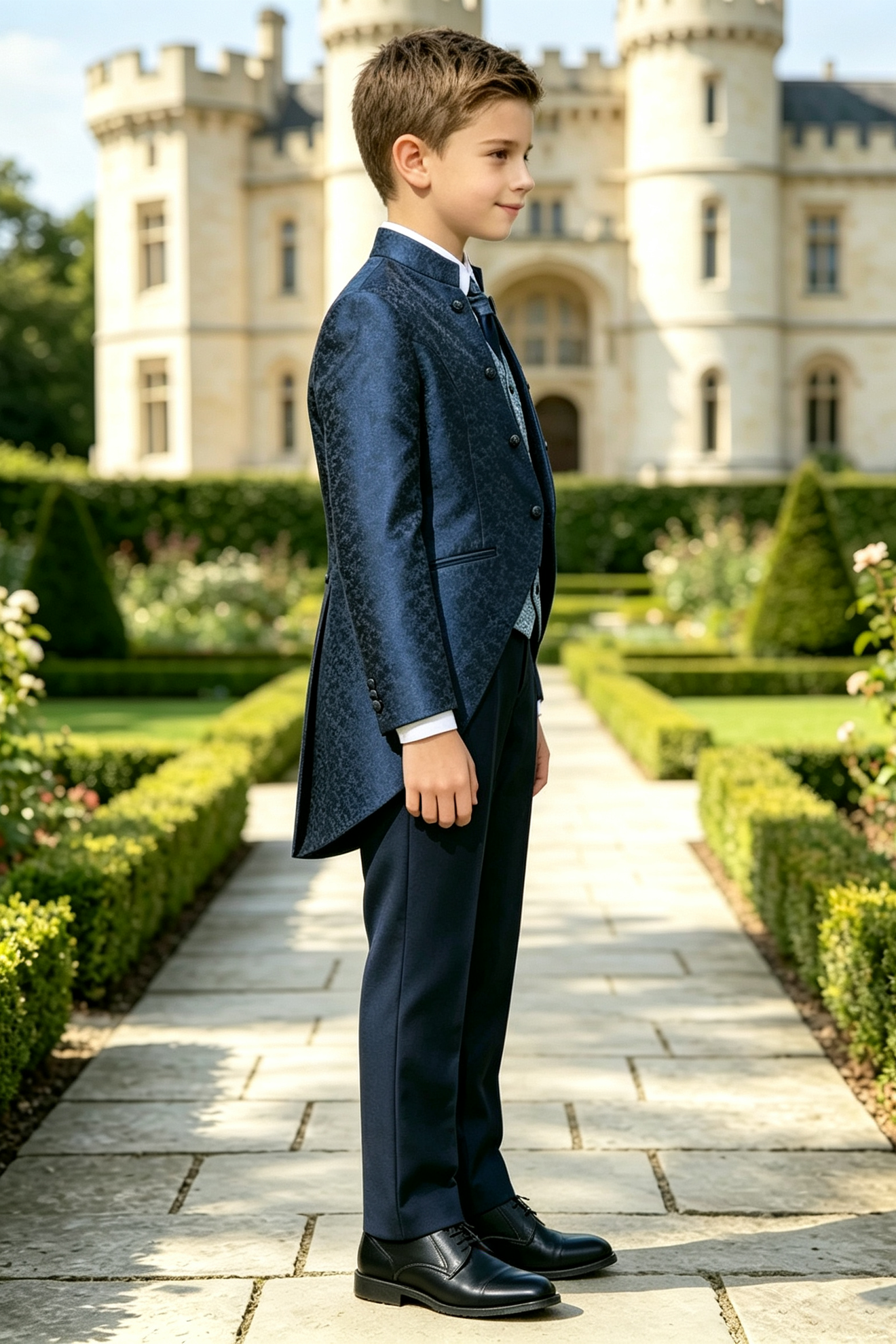 Navy Satin Jacquard Tailcoat Light Blue Pattern Waistcoat 3-Piece Suit