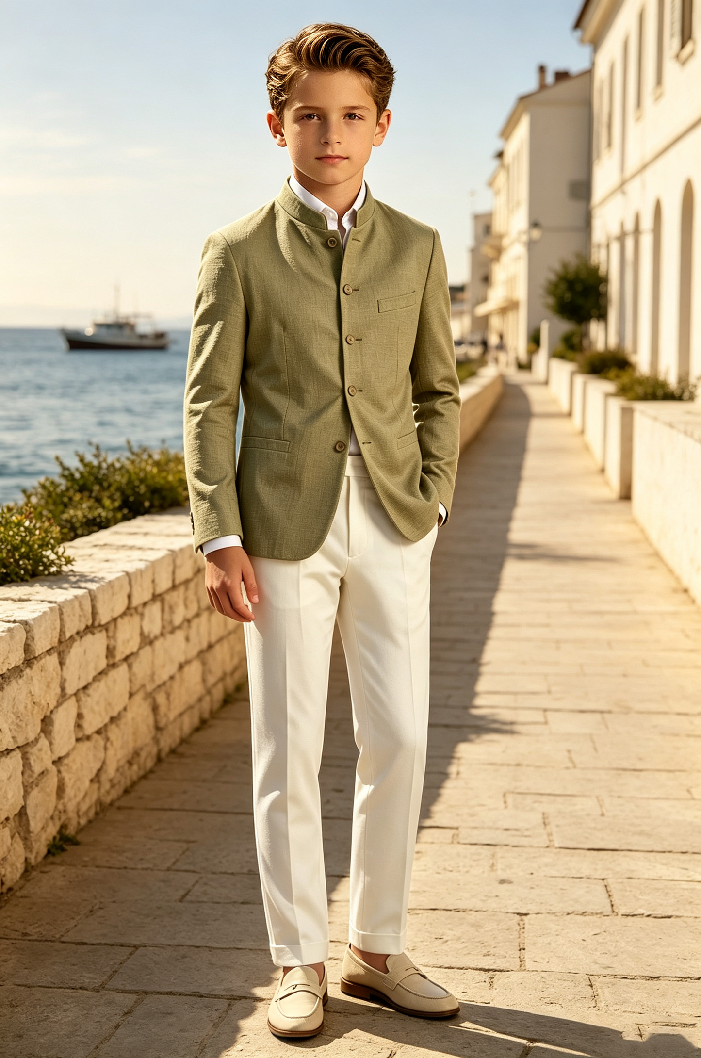Sage Green & Ivory Cotton Linen-Blend Single Breasted 2-Piece Suit