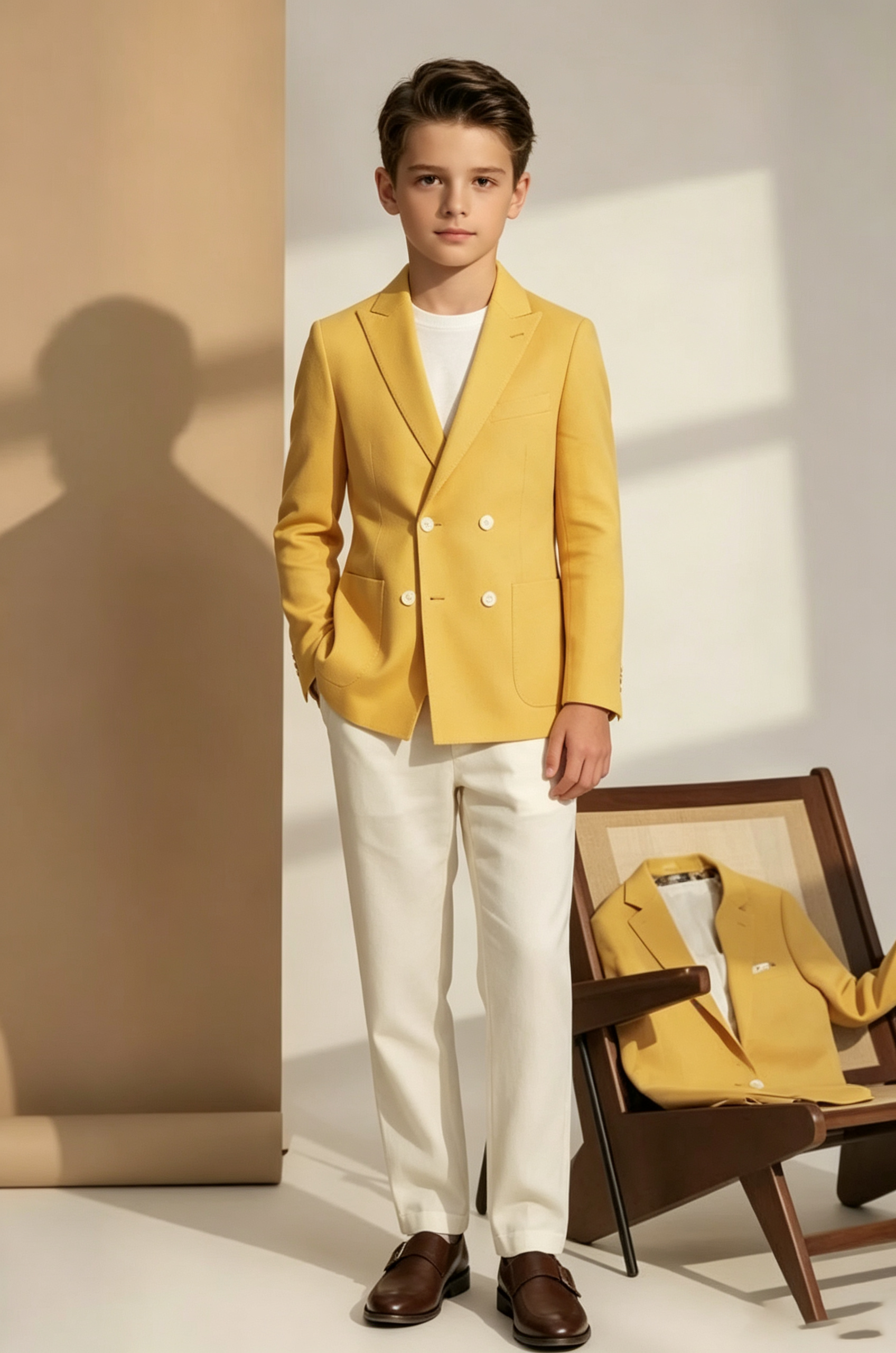 Golden Yellow Cotton Linen Blend Double Breasted 2-Piece Suit