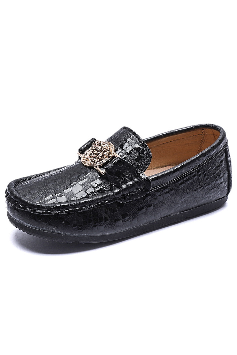 Black Crocodile Embossed Golden Metal Emblem Leather British Slip-On Loafers