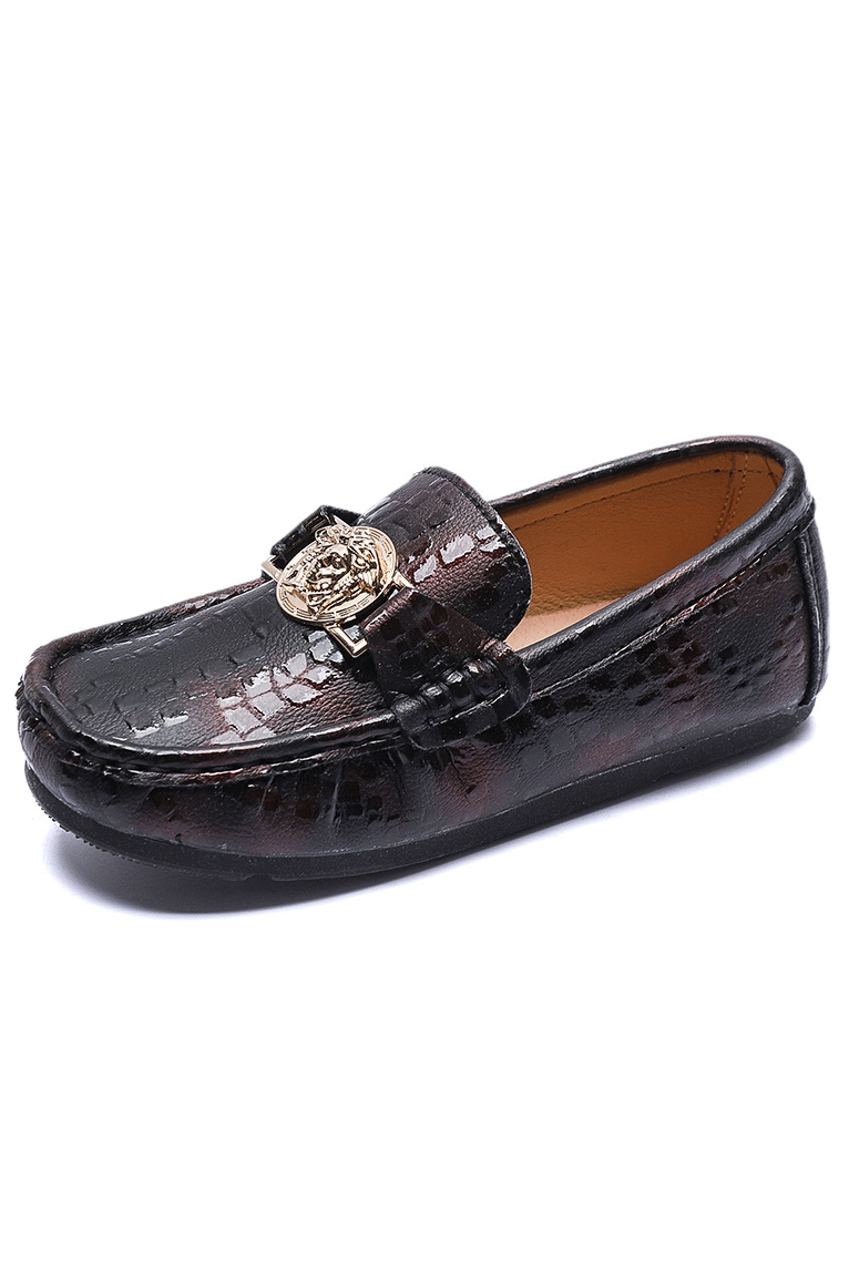 Black Crocodile Embossed Golden Metal Emblem Leather British Slip-On Loafers