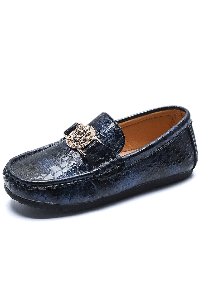 Black Crocodile Embossed Golden Metal Emblem Leather British Slip-On Loafers