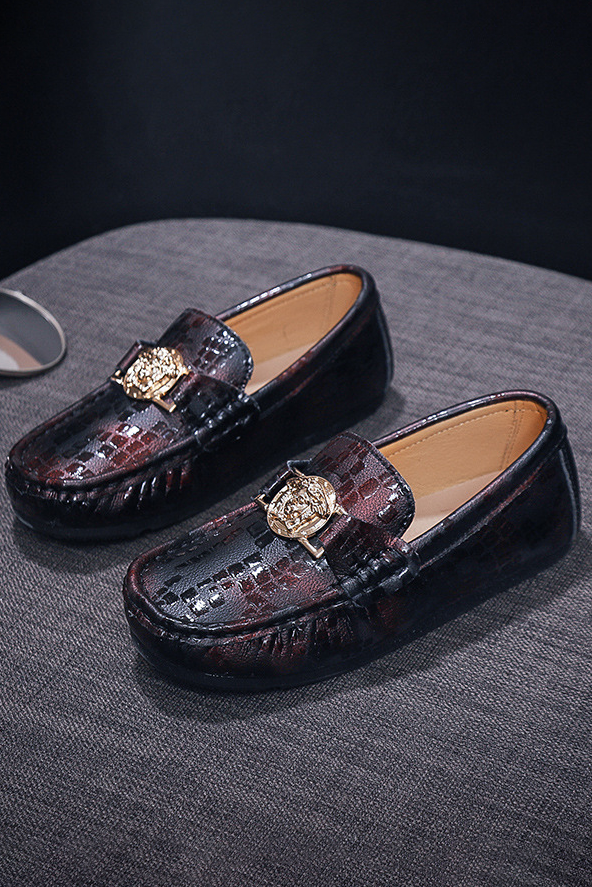 Black Crocodile Embossed Golden Metal Emblem Leather British Slip-On Loafers