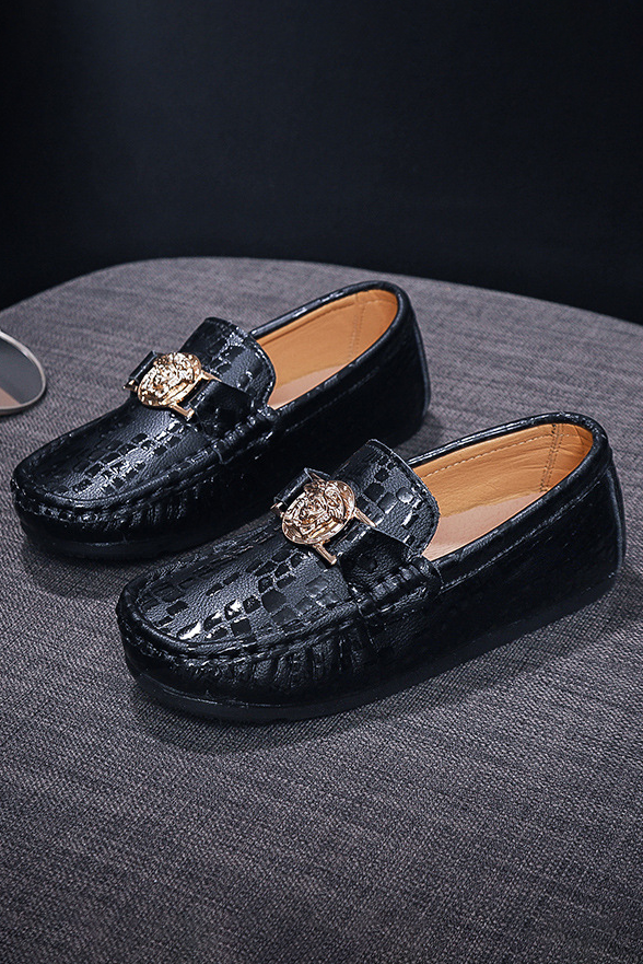 Black Crocodile Embossed Golden Metal Emblem Leather British Slip-On Loafers