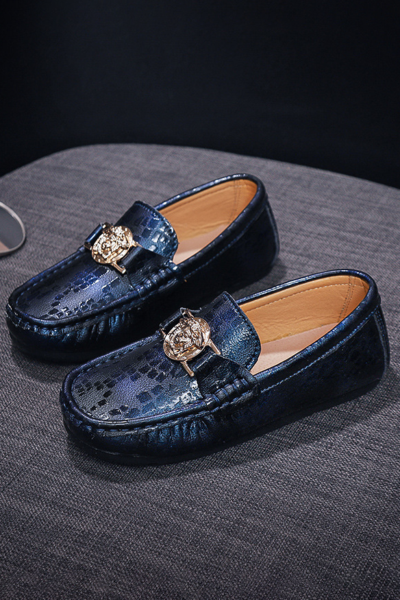 Black Crocodile Embossed Golden Metal Emblem Leather British Slip-On Loafers