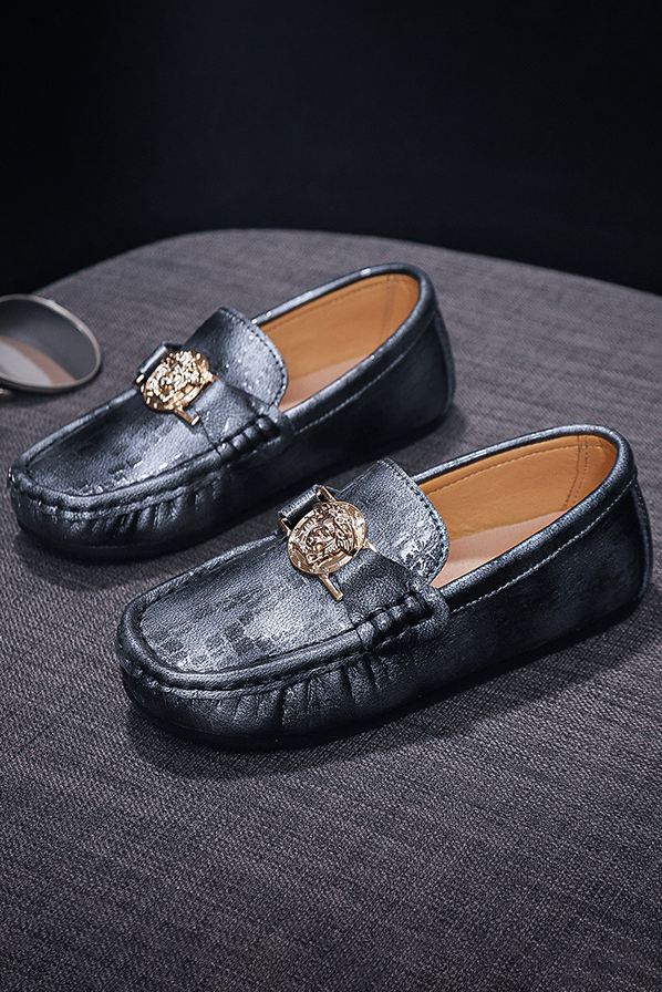 Black Crocodile Embossed Golden Metal Emblem Leather British Slip-On Loafers