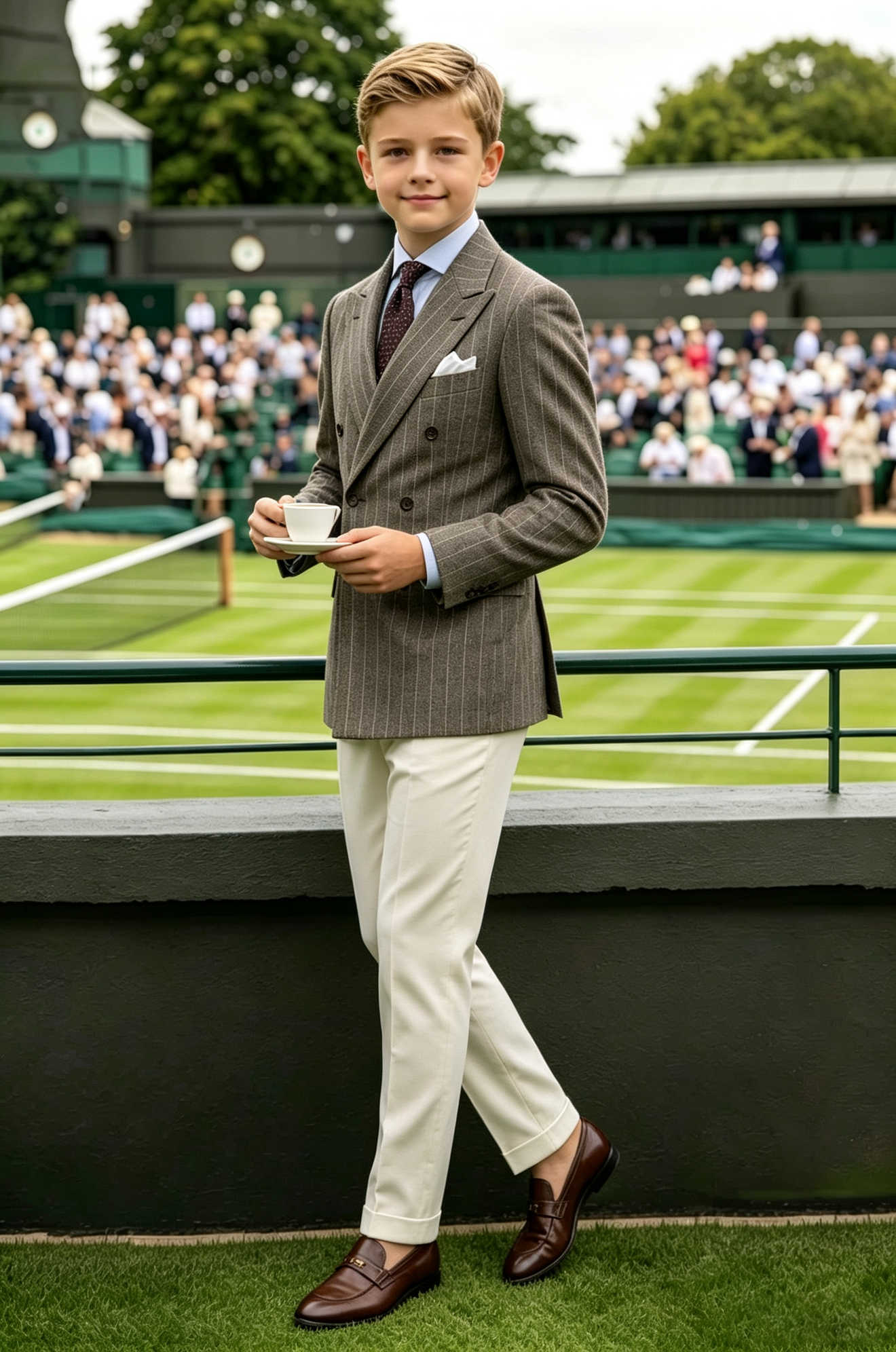 Warm Taupe Pinstripe Twill Blend Double Breasted 2-Piece Suit